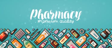 Apothekenfahne Medizin, medizinische Bedarfe, Krankenhauskonzept Vektorillustration in der flachen Art vektor abbildung Apothekenfahne Medizin, medizinische Bedarfe, Krankenhauskonzept Vektorillustration in der flachen Art vektor abbildung