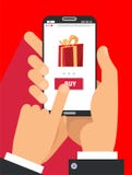 App δώρων σελίδα στην οθόνη smartphone Δύο αρσενικά χέρια που κρατούν το smartphone με το μεγάλο κιβώτιο δώρων στην οθόνη Κινητή απεικόνιση αποθεμάτων App δώρων σελίδα στην οθόνη smartphone Δύο αρσενικά χέρια που κρατούν το smartphone με το μεγάλο κιβώτιο δώρων στην οθόνη Κινητή απεικόνιση αποθεμάτων