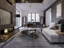 Appartamento stile sottotetto duplex di lusso, mobilia contemporanea e mura di mattoni con il camino del progettista nell'interno illustrazione vettoriale Appartamento stile sottotetto duplex di lusso, mobilia contemporanea e mura di mattoni con il camino del progettista nell'interno illustrazione vettoriale