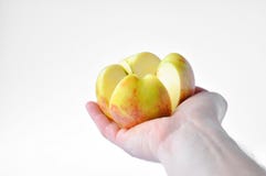 Cut apple in hand stock images Cut apple in hand stock images