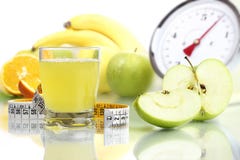 Apple Juice In Glass, Fruit Meter Scales Diet Food Royalty Free Stock Photography Apple Juice In Glass, Fruit Meter Scales Diet Food Royalty Free Stock Photography