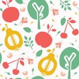 Apple pear tree cherry orchard seamless vector pattern background. Hand drawn tossed paper cut out . Matisse style. Fruit garden stock illustration Apple pear tree cherry orchard seamless vector pattern background. Hand drawn tossed paper cut out . Matisse style. Fruit garden stock illustration