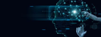 Apprentissage automatique Main de robot touchant sur des donn?es binaires Intelligence artificielle futuriste A photo stock Apprentissage automatique Main de robot touchant sur des donn?es binaires Intelligence artificielle futuriste A photo stock