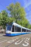 Approaching tram in Amsterdam Old Town stock image Approaching tram in Amsterdam Old Town stock image