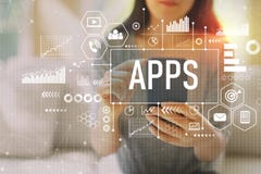 Apps med kvinnan som använder en smartphone royaltyfria bilder Apps med kvinnan som använder en smartphone royaltyfria bilder