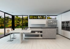 Apra la cucina moderna di piano in una villa tropicale illustrazione vettoriale Apra la cucina moderna di piano in una villa tropicale illustrazione vettoriale