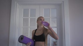 Aptidão home agua potável da bebida de uma garrafa Fazer do treinamento da jovem mulher Perto do indicador video estoque Aptidão home agua potável da bebida de uma garrafa Fazer do treinamento da jovem mulher Perto do indicador video estoque