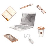 Aquarela do equipamento de escritório, portátil, caderno, pena, vidros, café, rato do computador, smartphone ilustração stock Aquarela do equipamento de escritório, portátil, caderno, pena, vidros, café, rato do computador, smartphone ilustração stock