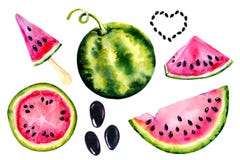 Aquarelle réglée avec l'image d'une pastèque Pulpe et graines juteuses pour la conception d'impression, bannière, affiche, couver illustration libre de droits Aquarelle réglée avec l'image d'une pastèque Pulpe et graines juteuses pour la conception d'impression, bannière, affiche, couver illustration libre de droits
