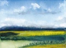 Aquarellmalerei der Sommerlandschaft mit Bergen, blauer Himmel, Wolken, grüne Lichtung Abstrakter handgemalter Hintergrund gemase Lizenzfreies Stockbild Aquarellmalerei der Sommerlandschaft mit Bergen, blauer Himmel, Wolken, grüne Lichtung Abstrakter handgemalter Hintergrund gemase Lizenzfreies Stockbild
