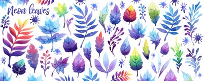 Aquarellphantasieneonhimmelgalaxiemond-Blattsatz Purpurrote rosa blaue Blätter des Kosmosveilchens auf weißem Hintergrund stock abbildung Aquarellphantasieneonhimmelgalaxiemond-Blattsatz Purpurrote rosa blaue Blätter des Kosmosveilchens auf weißem Hintergrund stock abbildung