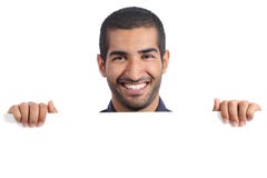 Arab happy man holding a blank banner royalty free stock image Arab happy man holding a blank banner royalty free stock image