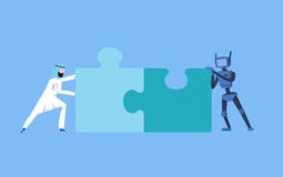 Arabische zakenman en blauwe robot die raadsel proberen samen te brengen Kunstmatige intelligentiemededeling Zaken en AI vector illustratie Arabische zakenman en blauwe robot die raadsel proberen samen te brengen Kunstmatige intelligentiemededeling Zaken en AI vector illustratie