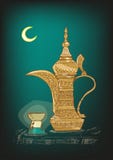 Arabischer Dallah-Topf mit Ramadan Moon- und Lampen-Skizzen-Vektor Arabischer Dallah-Topf mit Ramadan Moon- und Lampen-Skizzen-Vektor