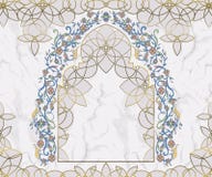Arabisk blom- båge Traditionell islamisk prydnad på vit marmorbakgrund Beståndsdel för moskégarneringdesign royaltyfri illustrationer Arabisk blom- båge Traditionell islamisk prydnad på vit marmorbakgrund Beståndsdel för moskégarneringdesign royaltyfri illustrationer