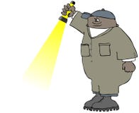 Arbeider die in overtrekken een flitslicht ter plaatse concentreren stock illustratie Arbeider die in overtrekken een flitslicht ter plaatse concentreren stock illustratie