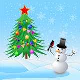 Arbre de Noël et homme décorés de neige avec un bouvreuil illustration libre de droits Arbre de Noël et homme décorés de neige avec un bouvreuil illustration libre de droits