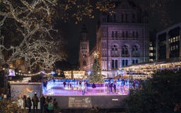 Arbre de Noël et piste de patinage de glace la nuit en dehors du musée d'histoire naturelle images libres de droits Arbre de Noël et piste de patinage de glace la nuit en dehors du musée d'histoire naturelle images libres de droits