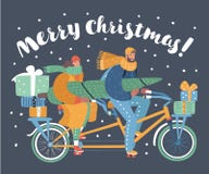 Arbre de Noël de transport de couples, boîte-cadeau illustration stock Arbre de Noël de transport de couples, boîte-cadeau illustration stock