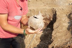 Archaeological excavations. Man`s hand taking found artefact - age-damaged ceramic jar, ground work background. Real digger proce stock photo Archaeological excavations. Man`s hand taking found artefact - age-damaged ceramic jar, ground work background. Real digger proce stock photo