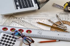 Project architecture with an old historic plan and useful tools. vector illustration Project architecture with an old historic plan and useful tools. vector illustration