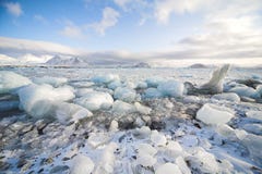 Arctic winter landscape - sea, glacier, mountains stock photo Arctic winter landscape - sea, glacier, mountains stock photo