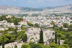 Areopagus rock with tourists and Athens Cityscape from the Acropolis, Greece royalty free stock photos Areopagus rock with tourists and Athens Cityscape from the Acropolis, Greece royalty free stock photos