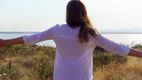 Armi della passeggiata e di aumento della donna su in prato vicino al lago Mani outstretching del viaggiatore femminile al rallen archivi video Armi della passeggiata e di aumento della donna su in prato vicino al lago Mani outstretching del viaggiatore femminile al rallen archivi video