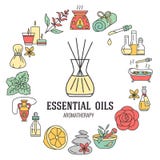 Aromatherapie- und Ölbroschürenschablone Vector Zeilendarstellung des Diffusors, Ölbrenner, Badekurortkerzen stock abbildung Aromatherapie- und Ölbroschürenschablone Vector Zeilendarstellung des Diffusors, Ölbrenner, Badekurortkerzen stock abbildung