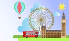 Arquitetura de Londres como a roda do olho de Londres, pal?cio de westminster, bal?o do turista ilustração do vetor Arquitetura de Londres como a roda do olho de Londres, pal?cio de westminster, bal?o do turista ilustração do vetor