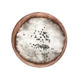 Arroz branco e sementes de sésamo pretas em uma bacia de madeira no fundo branco ilustração royalty free Arroz branco e sementes de sésamo pretas em uma bacia de madeira no fundo branco ilustração royalty free