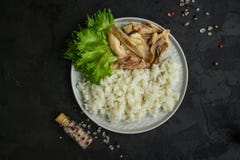 Arroz e carne fervida da galinha Nutrição apropriada Fundo do alimento Copie o espaço imagens de stock Arroz e carne fervida da galinha Nutrição apropriada Fundo do alimento Copie o espaço imagens de stock
