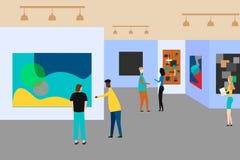Art gallery. People regarding creative artworks or exhibits in museum. Vector illustration royalty free illustration Art gallery. People regarding creative artworks or exhibits in museum. Vector illustration royalty free illustration
