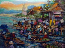 Art painting Oil color Floating market , hut Thailand Countryside