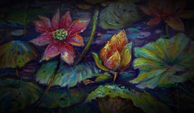 Art painting oil color lotus flower background from thailand , Countryside