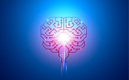 Artificial intelligence, brain, circuit Board, conductors, pads, and neural signals on a blue background stock illustration Artificial intelligence, brain, circuit Board, conductors, pads, and neural signals on a blue background stock illustration