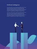 Artificial intelligence and human cooperation vector concept. Businessman gives handshake to ai robot in suit. Symbol of royalty free illustration Artificial intelligence and human cooperation vector concept. Businessman gives handshake to ai robot in suit. Symbol of royalty free illustration