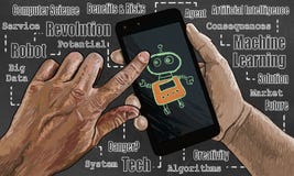 Artificial Intelligence Illustration on Smart Phone with Robot Stock Illustration Artificial Intelligence Illustration on Smart Phone with Robot Stock Illustration