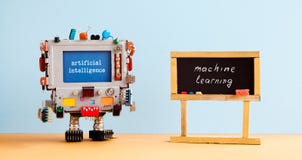 Artificial intelligence machine learning. Robot computer black chalkboard classroom interior, future technology concept royalty free stock images Artificial intelligence machine learning. Robot computer black chalkboard classroom interior, future technology concept royalty free stock images