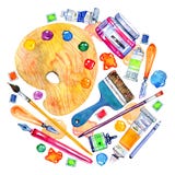 Artist Materials In Round Composition- Palette, Palette Knives, Brushes, Pens And Tubes. Hand Drawn Sketch Watercolor Illustration Stock Image Artist Materials In Round Composition- Palette, Palette Knives, Brushes, Pens And Tubes. Hand Drawn Sketch Watercolor Illustration Stock Image