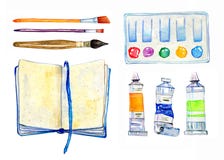 Artist Materials - Notepad, Paintbrushes, Palette And Tubes. Hand Drawn Sketch Watercolor Illustration Set Stock Photography Artist Materials - Notepad, Paintbrushes, Palette And Tubes. Hand Drawn Sketch Watercolor Illustration Set Stock Photography