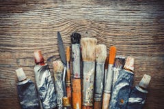 Artist paintbrushes, paint tubes and palette knife closeup. Royalty Free Stock Photo Artist paintbrushes, paint tubes and palette knife closeup. Royalty Free Stock Photo