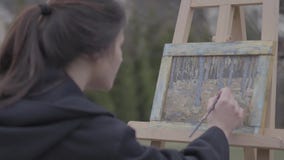 Pretty successful artist paints on the canvas in the backyard. Beautiful enthusiastic girl engaged in creativity. Art stock footage Pretty successful artist paints on the canvas in the backyard. Beautiful enthusiastic girl engaged in creativity. Art stock footage
