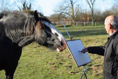 Artista de sexo masculino mayor que bosqueja un caballo. imagen de archivo Artista de sexo masculino mayor que bosqueja un caballo. imagen de archivo