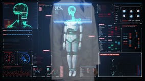 Arts wat betreft het digitale scherm, het Aftastende semi lichaam van de transparantierobot cyborg in digitale interface Kunstmat stock videobeelden Arts wat betreft het digitale scherm, het Aftastende semi lichaam van de transparantierobot cyborg in digitale interface Kunstmat stock videobeelden