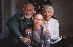 As avós e sua neta recolheram em torno de uma árvore de Natal, sorrindo fotografia de stock royalty free As avós e sua neta recolheram em torno de uma árvore de Natal, sorrindo fotografia de stock royalty free