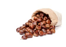 As castanhas frescas no saco ensacam no fundo branco Imagens de Stock Royalty Free As castanhas frescas no saco ensacam no fundo branco Imagens de Stock Royalty Free