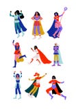As jovens mulheres em trajes e em cabos do super-herói ajustaram-se, caráteres super bonitos das meninas na ilustração difere ilustração stock As jovens mulheres em trajes e em cabos do super-herói ajustaram-se, caráteres super bonitos das meninas na ilustração difere ilustração stock