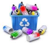As latas de pulverizador usadas no azul reciclam a caixa ilustração do vetor As latas de pulverizador usadas no azul reciclam a caixa ilustração do vetor