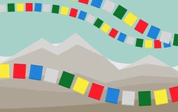 As montanhas com as bandeiras tibetanas coloridas da oração ilustração stock As montanhas com as bandeiras tibetanas coloridas da oração ilustração stock